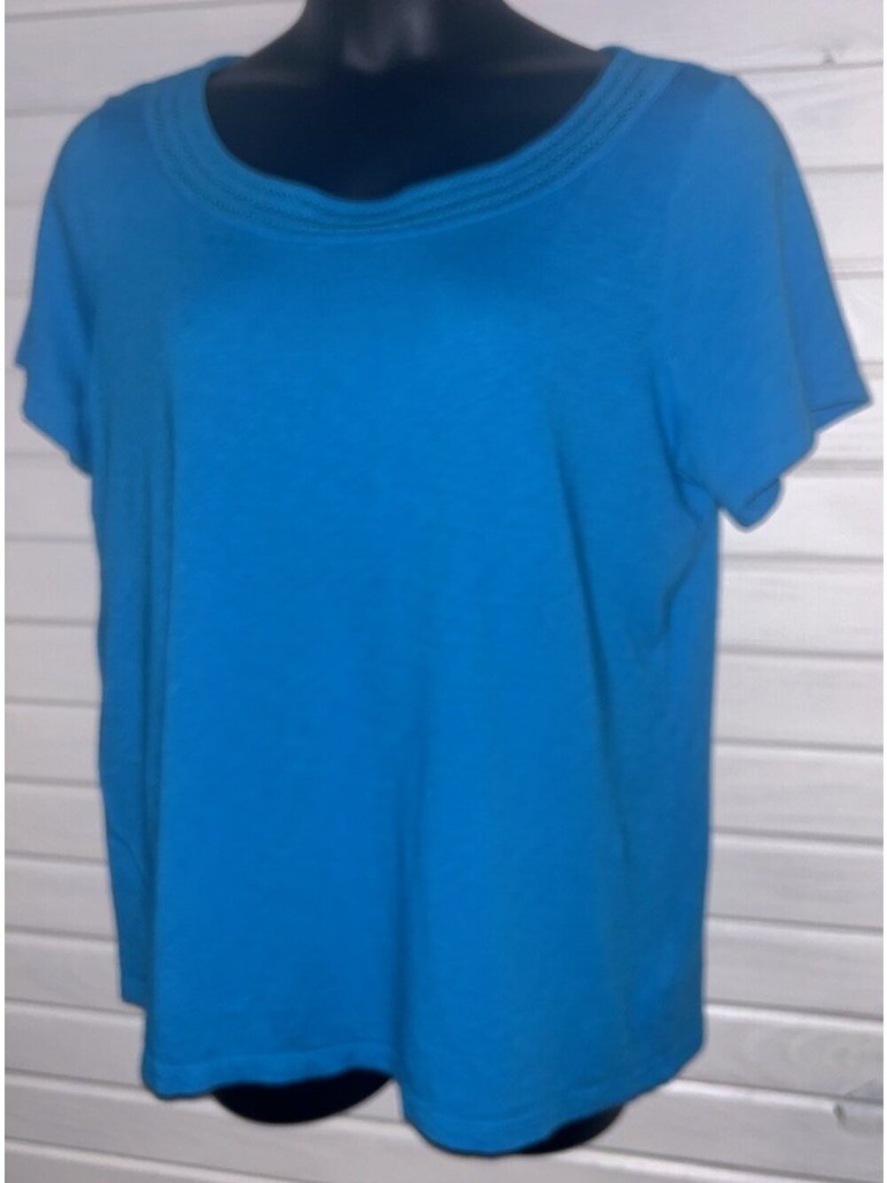 Talbots Sz PLUS 1X Blue Lace Neck Tee Cotton Modal Knit S/S Top EUC